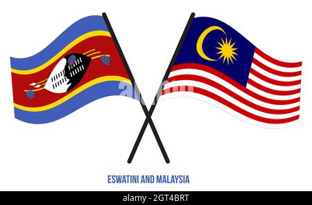 Eswatini und Malaysia Flaggen gekreuzt und winken Flat Style. Offizieller Anteil. Korrigieren Sie Die Farben. Stockfoto