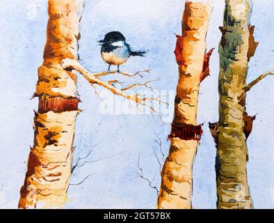 Aquarell-Gemälde eines schönen Vogels, der auf einem Ast sitzt. Blauer Himmel Hintergrund. Stockfoto