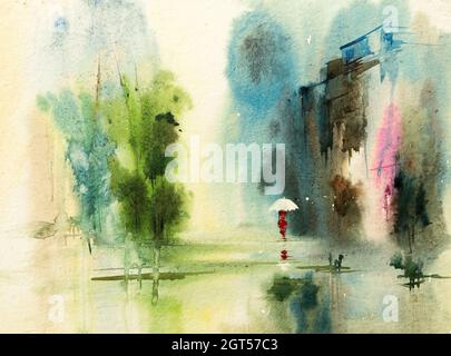 Schönes Aquarell-Bild einer Frau, die allein in einer regnerisch durchnässten Stadtstraße mit Bäumen und Gebäuden am Straßenrand läuft, Stockfoto
