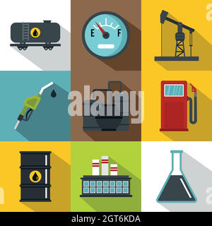 Symbole für die Ölproduktion, flacher Stil Stock Vektor