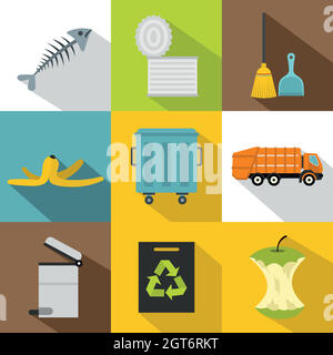 Typen von Abfall Icons Set, flachen Stil Stock Vektor