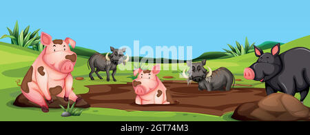 Schweine und Warzenschweine in Schlammlandschaft Stock Vektor