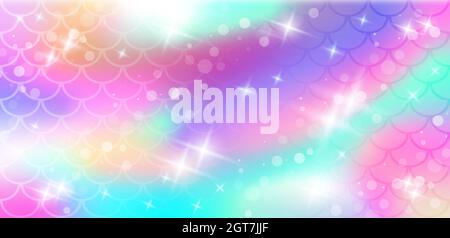 Holographischer Hintergrund mit Meerjungfrauen-Schuppen und magischen Sternen. Ein Muster mit einem Nixen-Schwanz auf einem Gradienten. Unterwassermuster. Vektor Stock Vektor