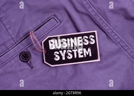 Textunterschrift mit Darstellung des Geschäftssystems. Geschäftsidee Eine Methode zur Analyse der Informationen von Organisationen Sammlung von leeren Sticker-Tags Stockfoto