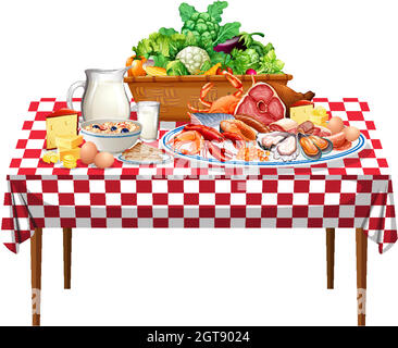 Fresh foods or food groups on the table with checkered pattern tablecloth Stock Vektor
