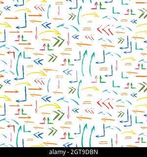 Nahtloser Hintergrund von handgezeichneten Designelementen. Kollektion mit verschiedenen bunten Pfeilen Form isoliert auf weißem Hintergrund. Notleidende Federkiel. Mod Stock Vektor
