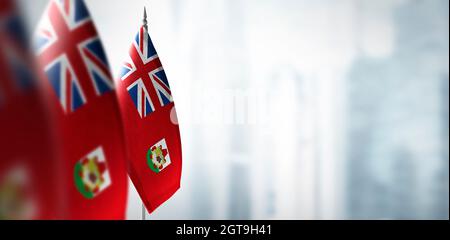 Kleine Flaggen von Bermuda auf einem verschwommenen Hintergrund der Stadt Stockfoto