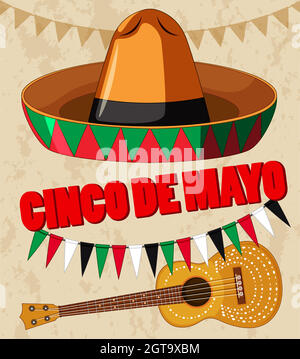 Cinco de Mayo Poster Design mit Gitarre und Hut Stock Vektor