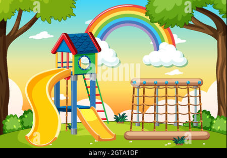 Kinderspielplatz im Park mit Regenbogen am Himmel im Zeichentrickstil Stock Vektor