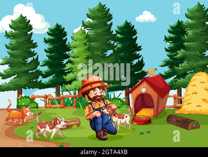 Farmer mit Tierfarm in Farmszene im Cartoon-Stil Stock Vektor