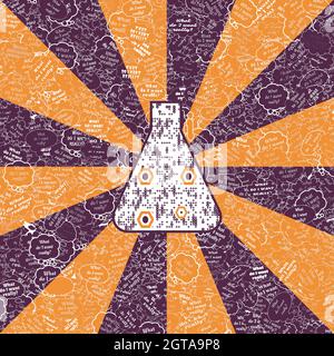 Flaschenförmiger QR-Code in geometrischen Formen in Orange- und Magenta-Farbtönen, illustriert mit Gedankenblasen mit Text Anti-Psycho-Virus im quadratischen Design. Stockfoto