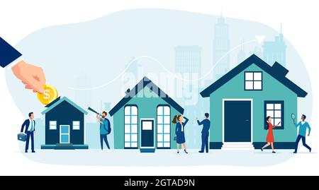 Immobilienmarktkonzept. Vektor von Hauskäufern, Verkäufern und Bankern, die Hypotheken anbieten, um ein neues Haus zu kaufen Stock Vektor