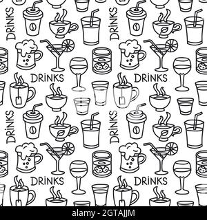Illustration der Getränke nahtlose schwarze Umrissmuster Stock Vektor