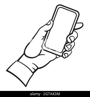 Abbildung der Hand, die das Smartphone in schwarz-weißer Farbe hält Stock Vektor