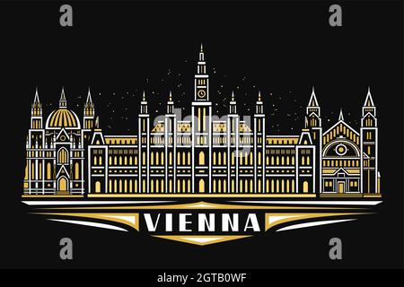 Vektor-Illustration von Wien, schwarzes horizontales Plakat mit linearem Design illuminierte wiener Stadtlandschaft, europäisches Urban Line Art Konzept mit Dekorati