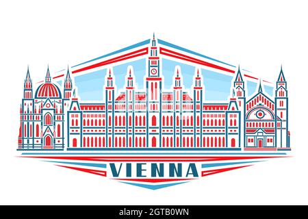 Vektor-Illustration von Wien, horizontales Poster mit linearem Design historische wiener Stadtlandschaft auf Tageshimmel Hintergrund, Urban Line Art Concept mit Deko Stock Vektor