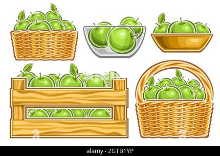 Vektor-Set von grünen Äpfeln, Lot Sammlung von ausgeschnittenen Illustrationen ganze natürliche Äpfel in Glasschale, grüne Früchte in Cartoon-Design Tongeschirr und Stock Vektor