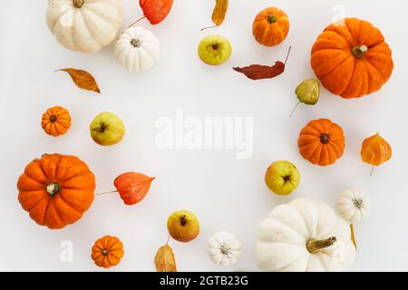 Kürbisse mit getrockneten Blättern auf weißem Hintergrund. Herbst, Herbst, halloween Konzept. Flach liegend, Draufsicht, Stockfoto