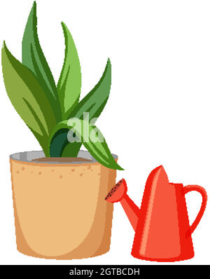 In einen Topf mit roter Gießkanne Pflanzen Stock Vektor