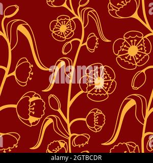 Florales Ziermuster. Maquis. Nahtloses Goldmuster auf rotem Hintergrund Stock Vektor