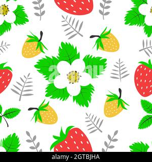 Nahtlose Muster mit Beeren, Blumen und Erdbeerblätter auf weiß isoliert . Vektorgrafik Stock Vektor