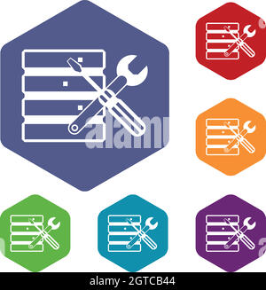 Datenbank mit Screwdriverl und Schraubenschlüssel Icons set Stock Vektor