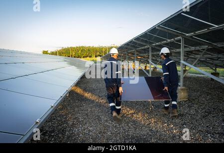 Techniker hebt die Solarzelle, um die beschädigte zu ersetzen, Alternative Energie, um die Energie der Welt zu sparen, Photovoltaikmodul Idee für sauber Stockfoto