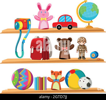 Spielzeug und Bücher auf Holzregalen Stock Vektor