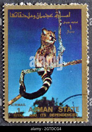 Abgesagte Briefmarke gedruckt von Ajman, die Wild Animal zeigt, um 1973. Stockfoto