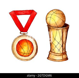 Aquarell Set Basketball Goldbecher mit Ball und Medaille auf rotem Band. Konzept der Auszeichnung, Trophäe, Auszeichnungen isoliert auf weißem Hintergrund. Von Hand gezeichnet. Stockfoto