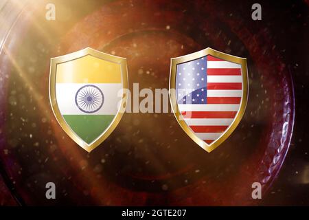 indien und uns Flagge in goldenem Schild auf kupferfarbenem Hintergrund.3d-Illustration. Stockfoto