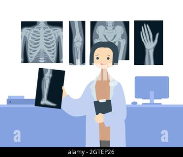 Ärztin mit Röntgenaufnahmen von Teilen des menschlichen Skeletts Stock Vektor