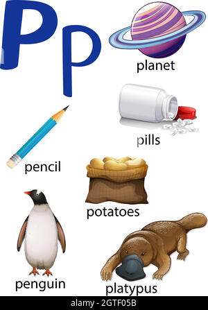 Dinge, die mit dem Buchstaben P beginnen Stock Vektor