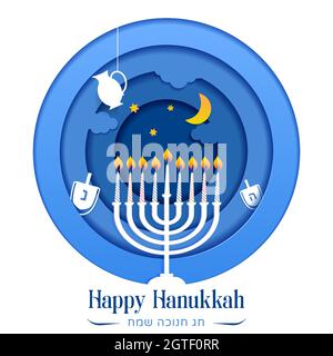 Happy Hanukkah, Jüdisches Festival der Lichter Papierschnitt-Grußkarte mit Chanukka-Symbolen Dreidels, Kreide, hebräische Buchstaben, Menorah-Kerzen, Öl j Stock Vektor