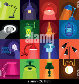 Lamp glow icons set, flat style Stock Vektor