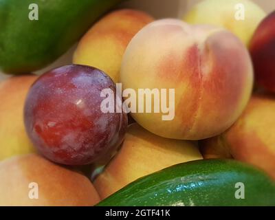 Stillleben von Pfirsichpflaumen und Avocado Stockfoto