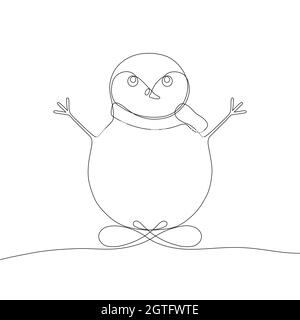 Stilisierter niedlicher Schneemann. Fortlaufendes Einlinien-Zeichnen. Umrissstil. Vektorgrafik für Dekor, Grußkarten, Poster, Drucke für Kleidung, Embleme Stock Vektor