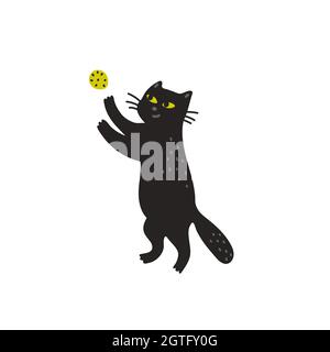 Schwarze Katze Vektor-Illustration, nettes Kätzchen spielt mit Ball. Vektor-Illustration in flacher Cartoon-Stil auf weißem Hintergrund Stock Vektor