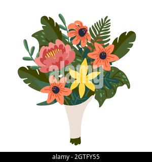 Blumenstrauß, Strauß von rosa und gelben Blumen und grünen Zweigen. Vektor-Illustration in flacher Cartoon-Stil auf weißem Hintergrund. Stock Vektor
