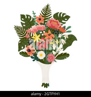 Blumenstrauß, Strauß von rosa und gelben Blumen und grünen Zweigen. Vektor-Illustration in flacher Cartoon-Stil auf weißem Hintergrund. Stock Vektor