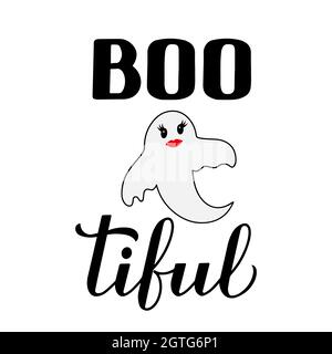 Boo-tiful Schriftzug mit niedlichen Geist. Witziges Halloween-Zitat. Vektor-Vorlage für Typografie Poster, Grußkarte, Banner, etc. Stock Vektor