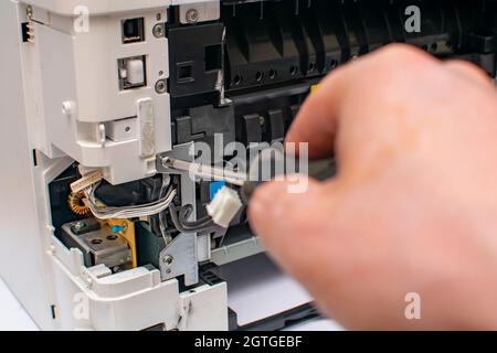 Ansicht der Spitze des Schraubendrehers und der Druckerschraube Stockfoto