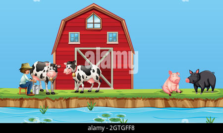 Ein Landwirt melkt Kuh auf dem Bauernhof Stock Vektor