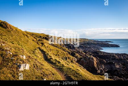 Ein zerklüfteter Küstenpfad entlang des solway firth an einem sonnigen Wintertag in Dumfries und Galloway, Schottland Stockfoto