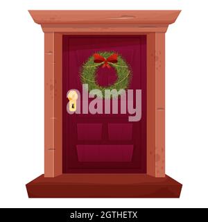 Weihnachtskranz mit roter Schleife auf Retro-Holztür im Cartoon-Stil isoliert auf weißem Hintergrund. Winter, Dekoration für den Urlaub. Vektorgrafik Stock Vektor