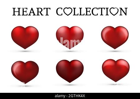 Red Heart Kollektionen. Set aus sechs realistischen Herzen auf weißem Hintergrund isoliert. 3d-Symbole. Vektor-Illustration zum Valentinstag. Einfach zu bearbeitende Konstruktion te Stock Vektor