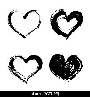 Set aus vier handgezeichneten schwarzen Herzen, isoliert auf Weiß. Grunge Herz Vektor Illustration. Raue Formen. Aquarell- oder Acrylmaleffekt. Valentin Stock Vektor