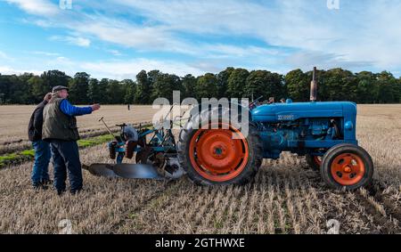 Luffness Mains Farm, East Lothian, Schottland, Großbritannien, 2. Oktober 2021. Charity Pflügen Match: Bauern kämpfen bei der Veranstaltung um Geld für die schottischen Pflügen-Meisterschaften, die von der Pandemie schwer getroffen wurden. Im Bild: Ein alter Fordson Major Traktor Stockfoto