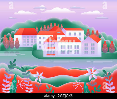 Landschaft Dorf, Hügel, Bäume, Fluss, See, Wald. Ländliche Tal Bauernhof Landschaft mit Haus, Bauernhof, Gebäude in flachem Design. Grün-rote Farbverläufe. Cartoon Hintergrund Vektor Illustration Stock Vektor