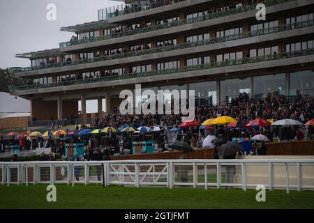 Ascot, Großbritannien. Oktober 2021. Es war heute ein Tag für Regenmäntel und Regenschirme bei Ascot Races, als am Autumn Racing Weekend starker Regen fiel.Quelle: Maureen McLean/Alamy Live News Stockfoto